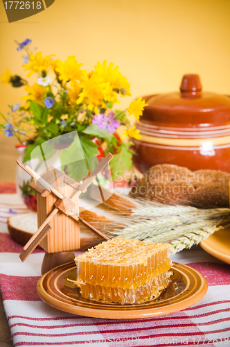 Image of Still life with honeycombs, flowers and pot 