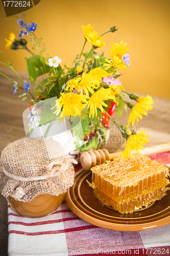 Image of Still life with honeycombs, flowers and pot 