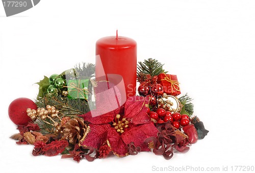 Image of Red Christamas candle in poinsettia setting