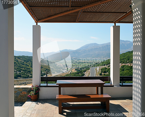 Image of The outdoor tavern restaurant overlooking the mountains.