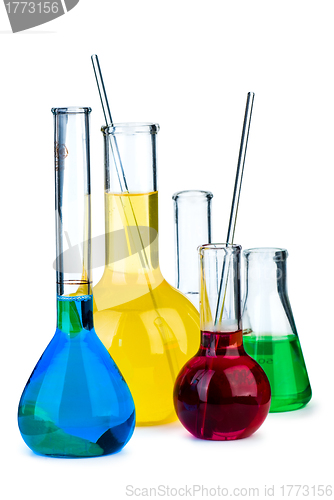 Image of Five flasks with different chemical agents