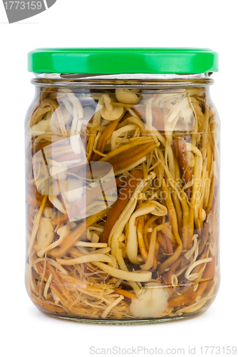 Image of Glass jar with marinated enokitake mushrooms