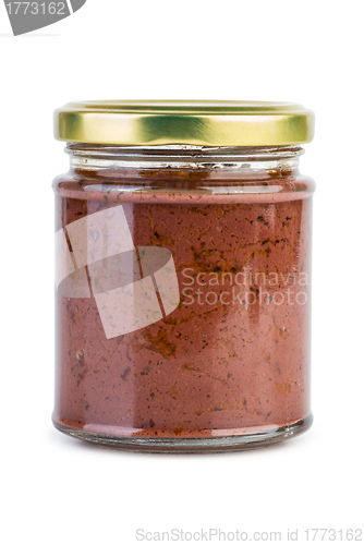 Image of Glass jar with paste maded from red olives (Calamata)