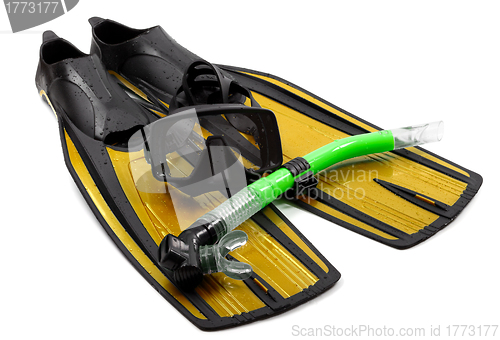 Image of Mask, snorkel and flippers on white background.