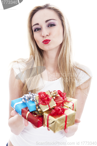 Image of beautyful happy blond woman with present isolated