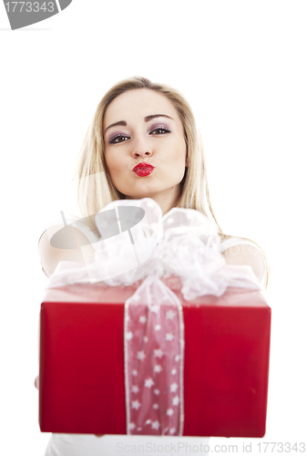 Image of beautyful happy blond woman with present isolated