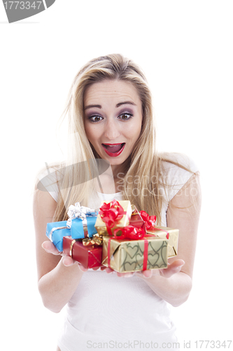 Image of beautyful happy blond woman with present isolated