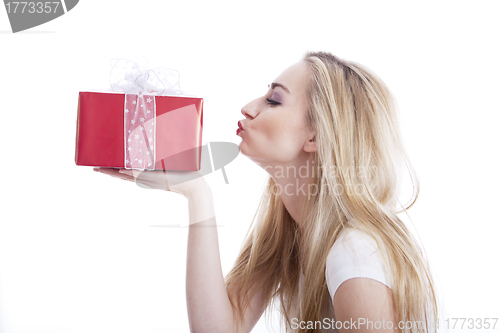 Image of beautyful happy blond woman with present isolated