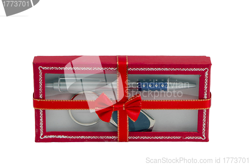 Image of isolated pen and key ring packed in gift box 