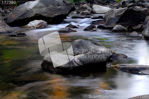 Image of Small rapids in Merced River in California with colorful reflect