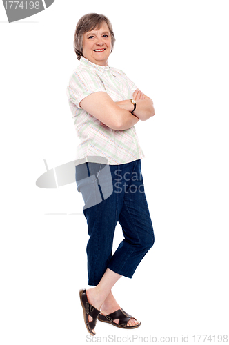 Image of Stylish pose of senior smiling woman