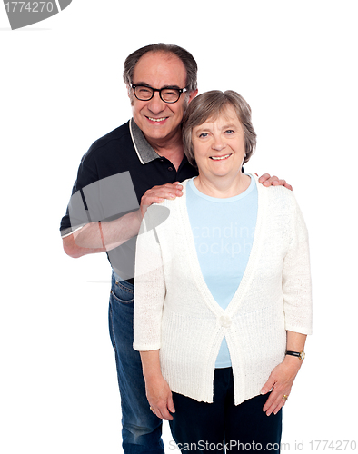 Image of Portrait of smiling aged couple in love