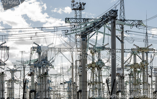 Image of High voltage electrical  towers against sky