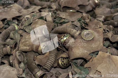 Image of Vintage photo of many gasmasks