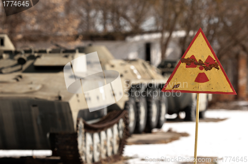 Image of Radiation hazard sign with tanks