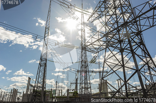 Image of High voltage electrical  towers against sky