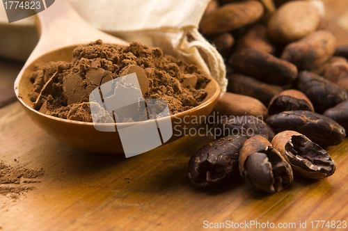 Image of Cocoa (cacao) beans on natural wooden table