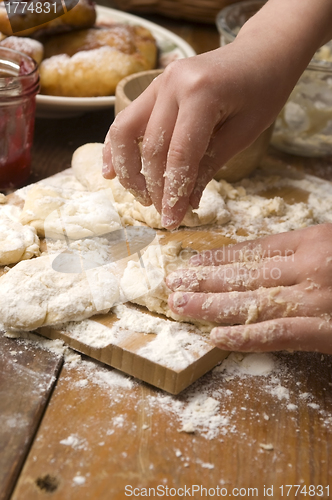 Image of Detail of hands kneading dough