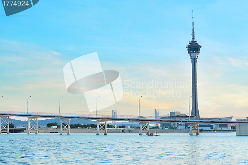 Image of Macau cityscape of bridge and skyscraper Macao, Asia. 