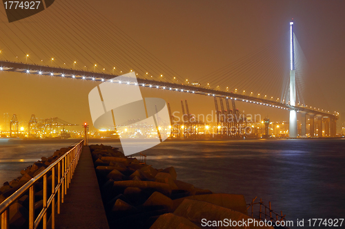 Image of container terminal and stonecutter bridge in Hong Kong 