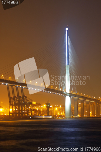 Image of container terminal and stonecutter bridge in Hong Kong 