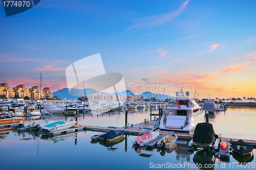 Image of yachts in the golden coast sunset ,in hongkong 