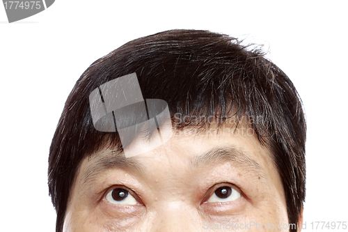 Image of Close-up of woman looking up. Isolated on white background. 