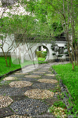 Image of Circle entrance of Chinese garden in Hong Kong 
