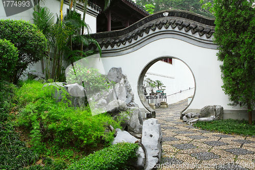 Image of Circle entrance of Chinese garden in Hong Kong 