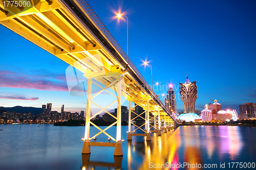 Image of Macau cityscape of bridge and skyscraper Macao, Asia. 