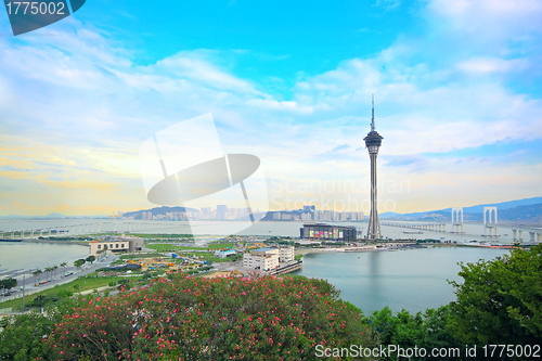 Image of Macau cityscape of bridge and skyscraper Macao, Asia. 