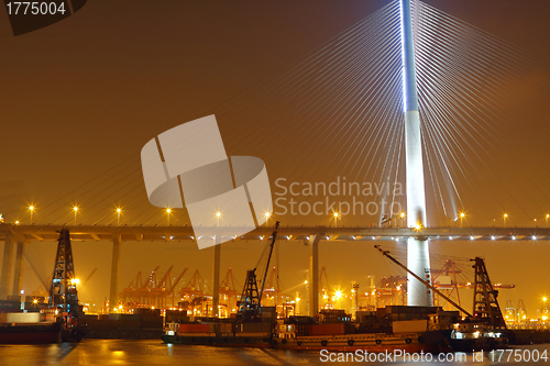 Image of container terminal and stonecutter bridge in Hong Kong 