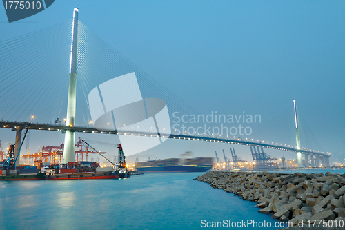 Image of container terminal and stonecutter bridge in Hong Kong 