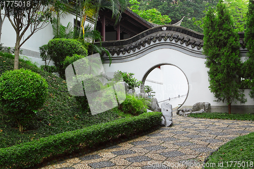 Image of Circle entrance of Chinese garden in Hong Kong 