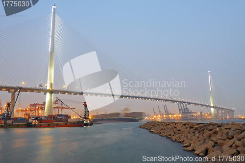 Image of container terminal and stonecutter bridge in Hong Kong 