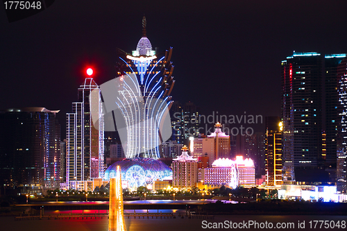 Image of Macao cityscape with famous landmark of casino skyscraper and br