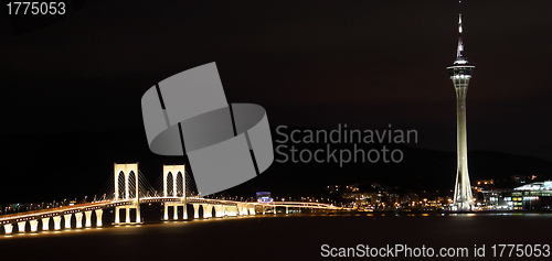 Image of Cityscape in night with famous travel tower near river in Macao,
