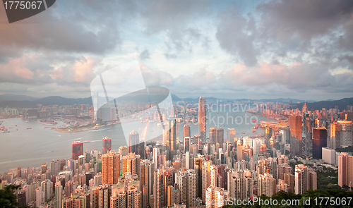 Image of Hong Kong skyline from Victoria Peak at sunrise 