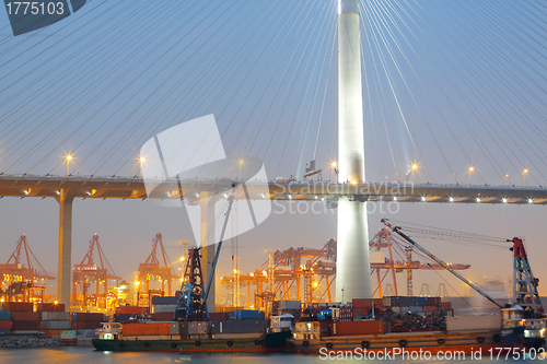 Image of container terminal and stonecutter bridge in Hong Kong 