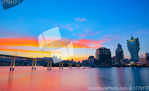 Image of Macao cityscape with famous landmark of casino skyscraper and br