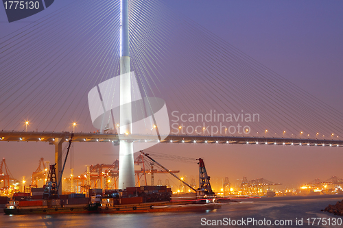 Image of container terminal and stonecutter bridge in Hong Kong 