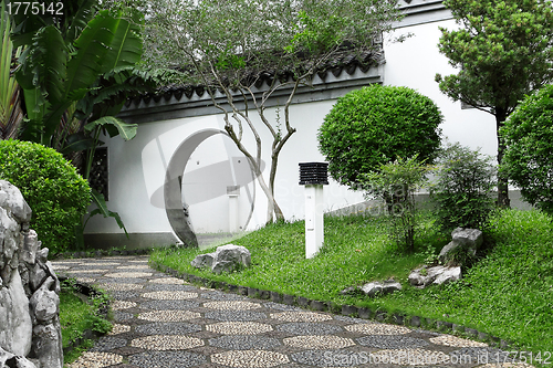 Image of Circle entrance of Chinese garden in Hong Kong 