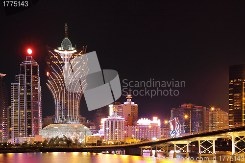 Image of Macao cityscape with famous landmark of casino skyscraper and br