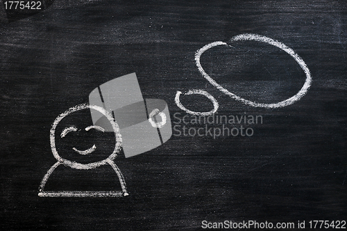 Image of Blank speech bubble with a man figure drawn on a blackboard background