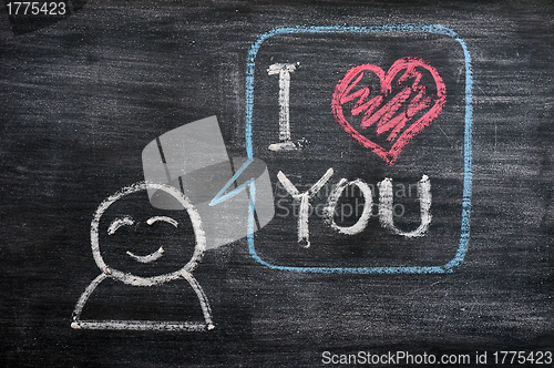 Image of Speech bubble with a cartoon figure, saying I love you drawn on a blackboard background