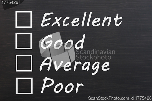 Image of Customer survey or poll of four levels with check boxes on smudged blackboard background