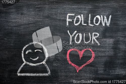 Image of Speech bubble with a cartoon figure and the phrase "Follow your heart" drawn on a blackboard background