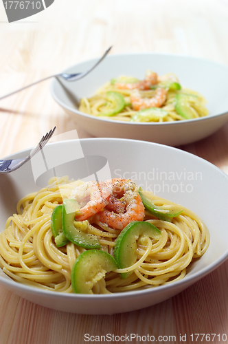 Image of spaghetti pasta with fresh shrimps and zucchini sauce