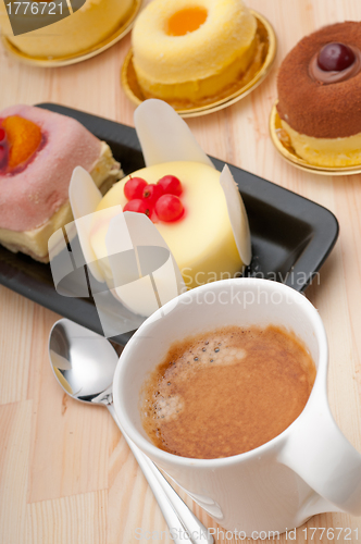 Image of espresso coffee and  fruit cake