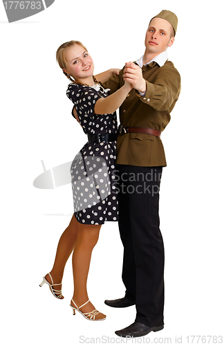 Image of Pair in old-fashioned clothes dancing isolated on white